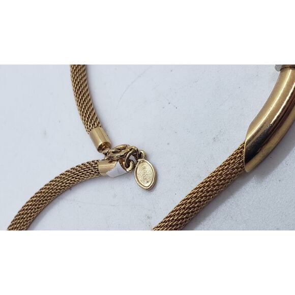 Vintage Avon Gold Tone Hollow Mesh Necklace Curved Bar Rhinestone Accent 1970s - Picture 7 of 9